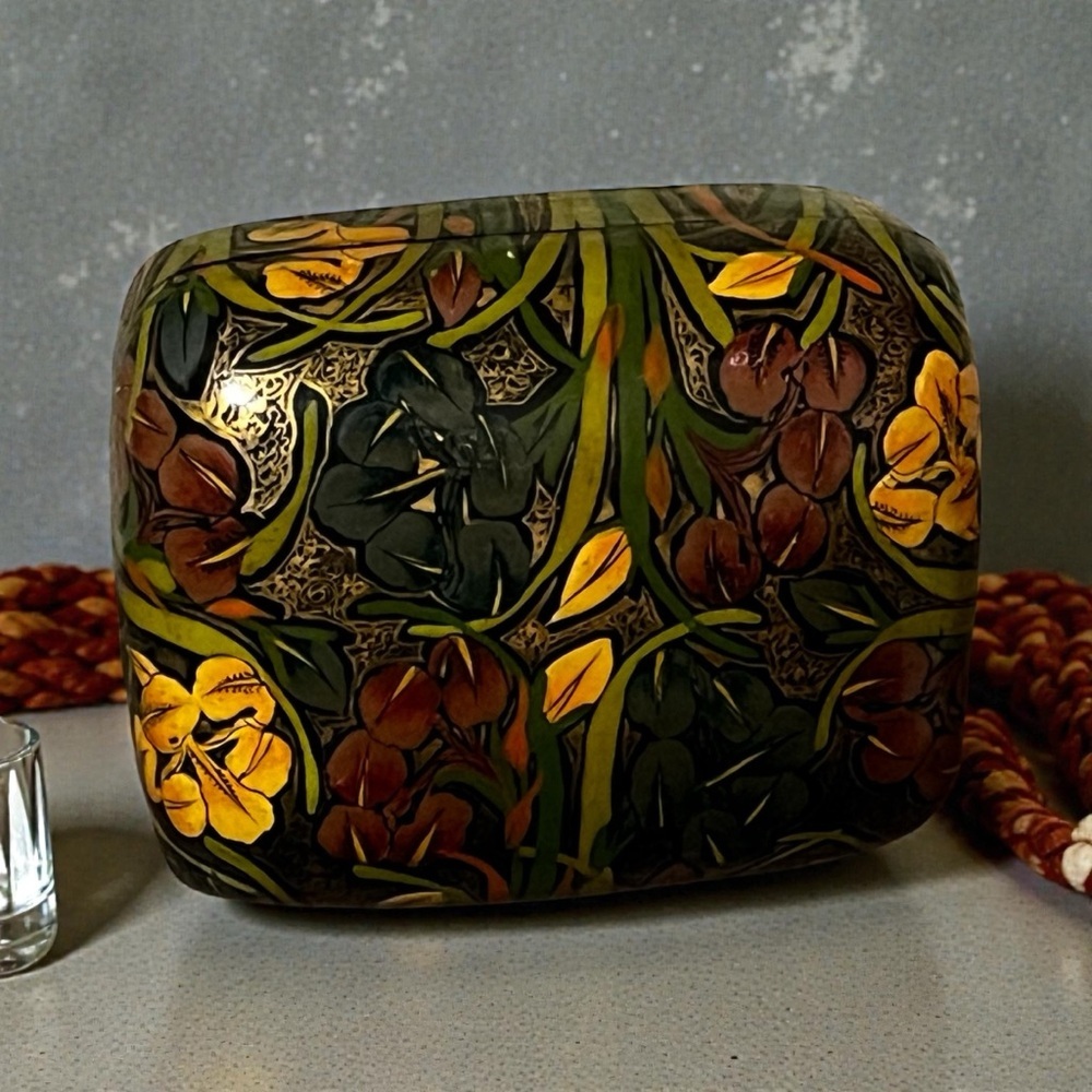 Lacquered Wood Trinket Box Dark Floral Kashmir India 4.5"x 3.5" Vintage folk art